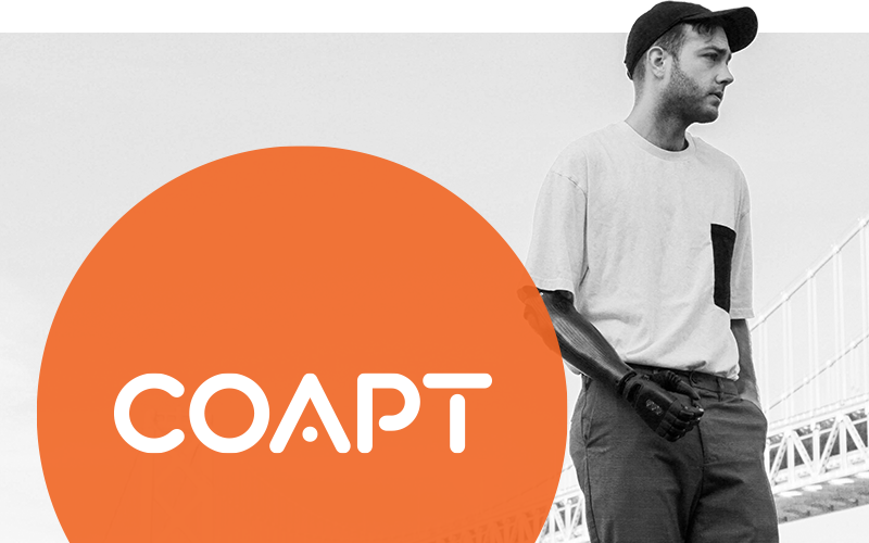 Graphic representing Coapt: a man with stands with a prosthetic arm by his side next to a Coapt logo