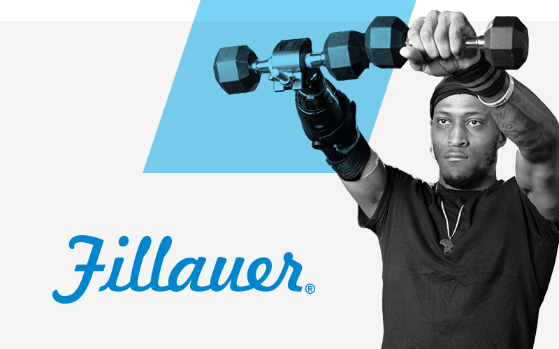 Graphic represents Fillauer: a man lifts weights with a below-elbow prosthesis next to a Fillauer logo