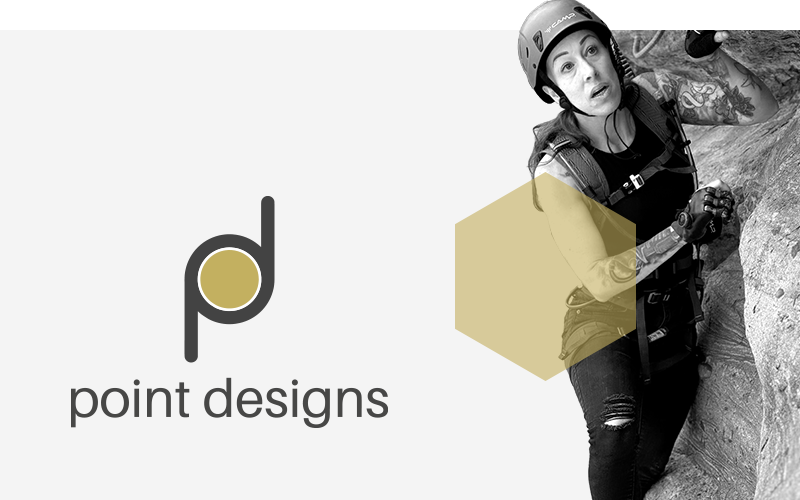 Graphic representing Point Designs: a woman with rock climbs with a prosthetic hand next to a Point Designs logo